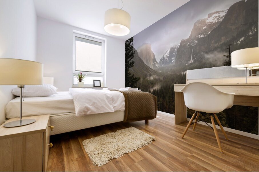 Yosemite in Winter Snow and Fog Mural print