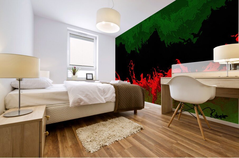 Larger Abstract Green and Red Melting Forest Mural print