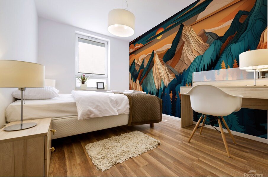 Layered Paper-Cut Mountain Landscape: A Sunset Symphony of Nature Mural print