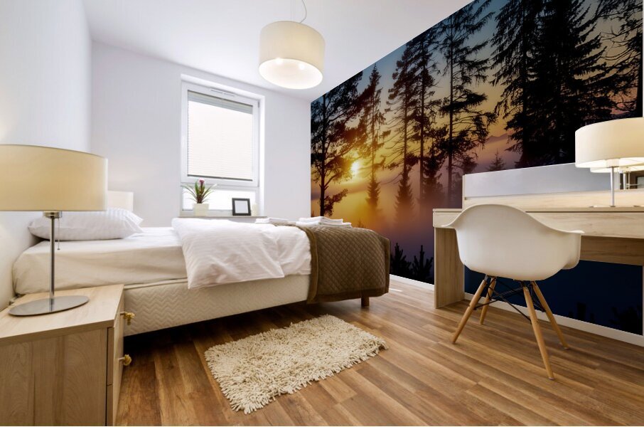 SUNRISE OVER A MISTY LAKE Mural print