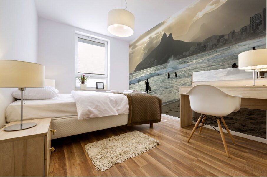 Surfer walking into the ocean at Ipanema Beach in Rio de Janeiro in Brazil at sunset Mural print