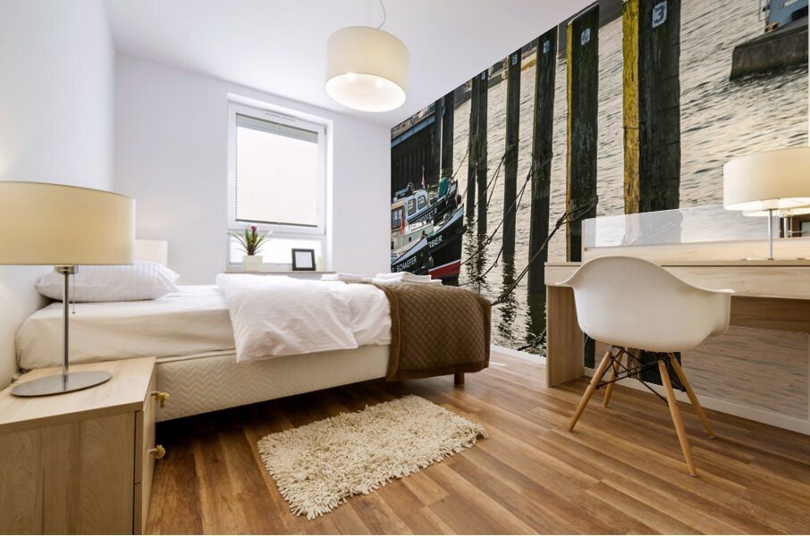 Boats in the historic museum harbor in Hamburg Övelgönne at the Elbe River at sunrise  Mural print