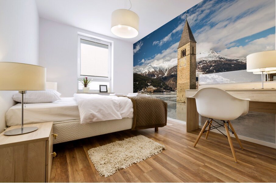 Flooded bell tower in Lake Reschen Reschensee in South Tyrol Mural print