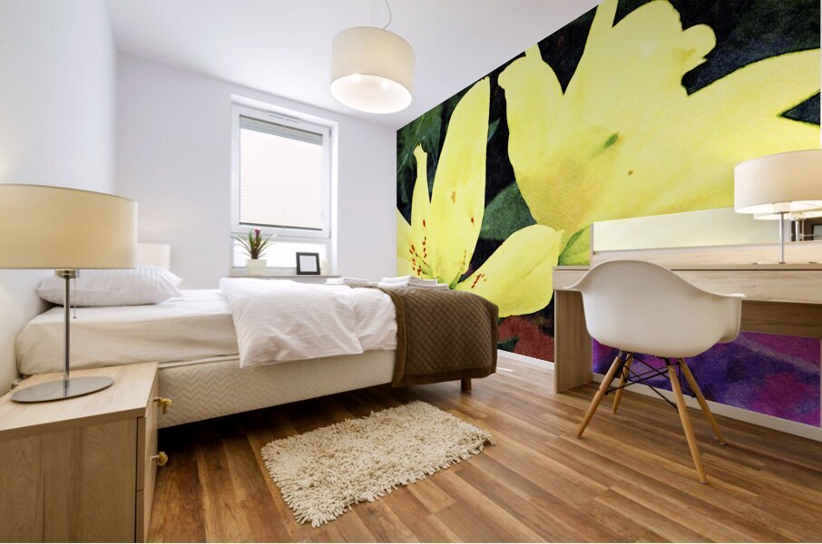 Vibrant yellow lilies in a watercolor style against greenery and yellow blooms Mural print