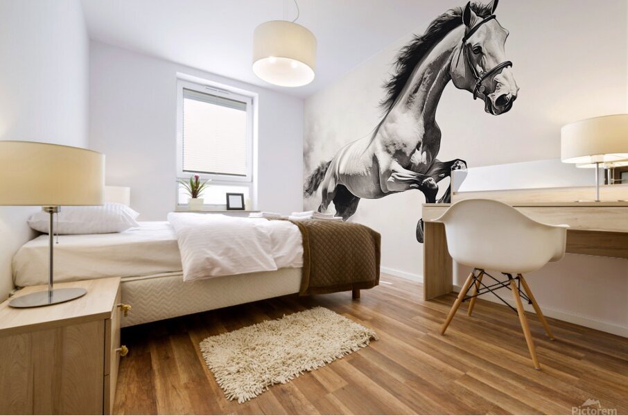 White horse stallion runs gallop over bright background	 Mural print