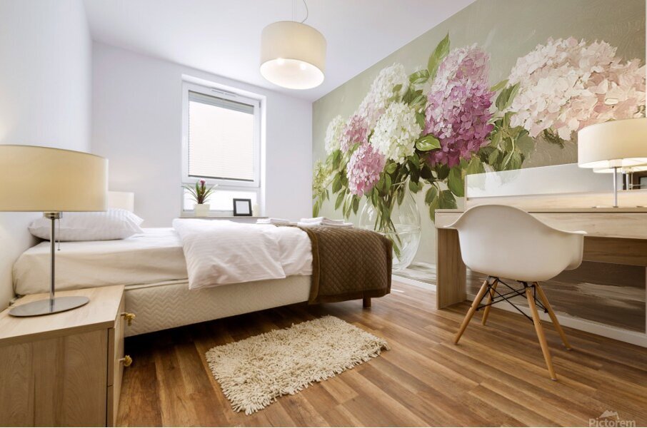 Beautiful white and pink hortensia flowers in vase on table	 Mural print