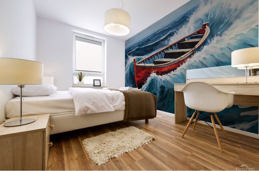 Red Boat in Turbulent Waters Mural print