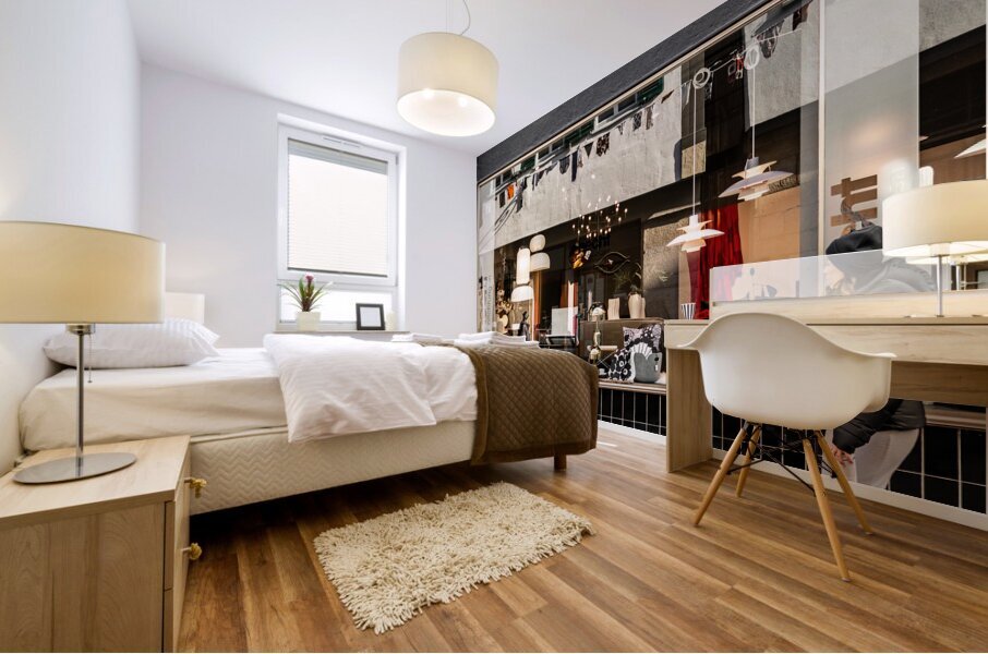 Street photo of reflections in a stylish furniture shop window in the city Mural print