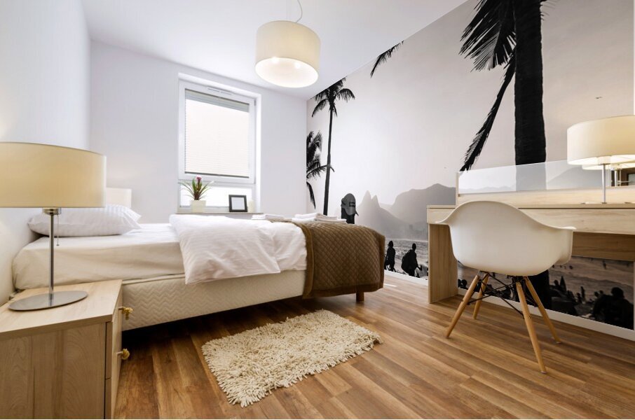 Black and white photo of people strolling along the promenade at Ipanema Beach in Rio de Janeiro  Mural print