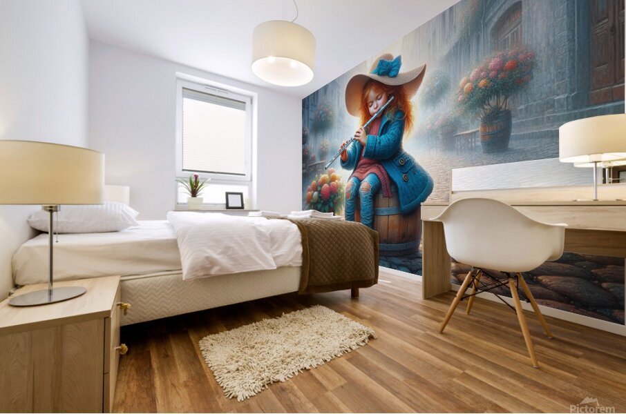  Little Girl Playing the Flute in an Old European Street Mural print