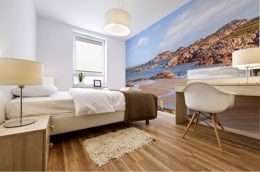 The beach at Fionnphort Mull Scotland with Iona in the background. Fionnphort is the ferry terminal for Iona. Mural print