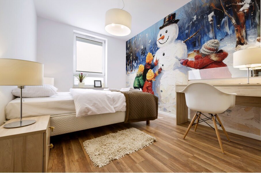 Youngsters Building a Snowman Mural print