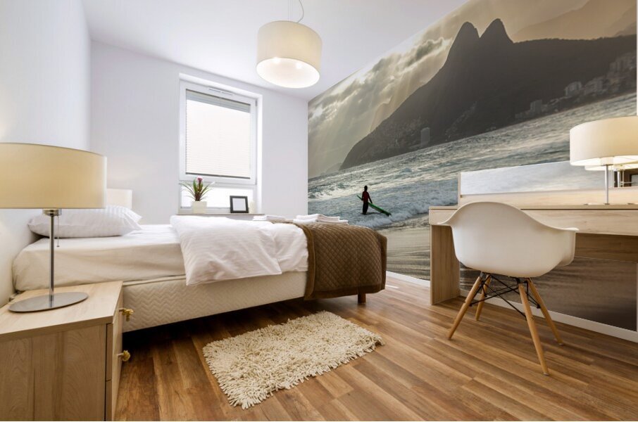 Surfer entering the water during dramatic sunset at Ipanema Beach in Rio de Janeiro  Mural print