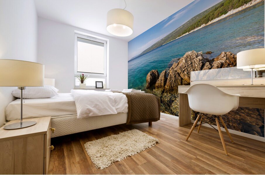 Scenic rock formations in a beautiful bay at the Adriatic Sea on the island of Losinj in Croatia Mural print