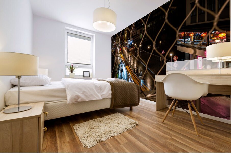 Night shot of blurred car lights on a main street in Tübingen Mural print