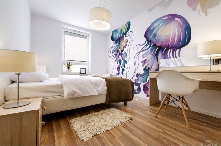 Vibrant Watercolor Jellyfish on White Background – Ocean-Inspired Digital Art Print Mural print