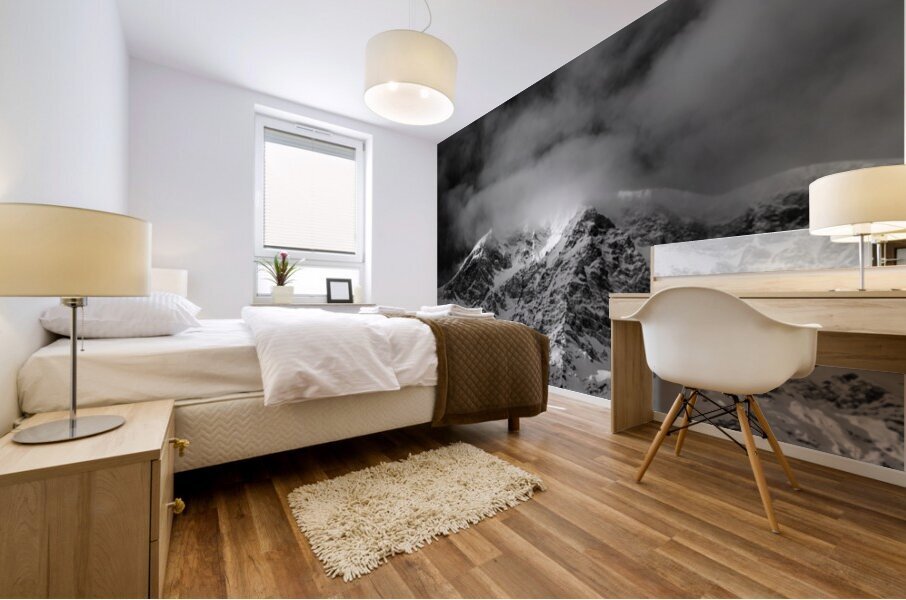 Black and white shot of the majestic Ortler Mountain in Sulden in winter  Mural print