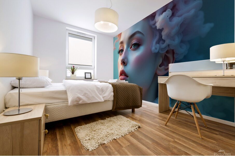 Ethereal Bloom: Dreamy Woman Portrait with Flowing Coral Hair Mural print