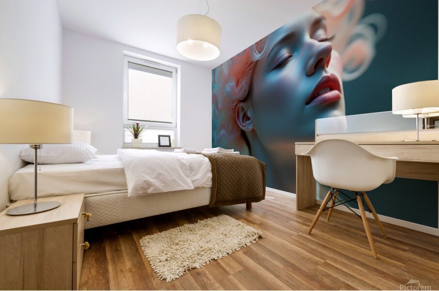 Ethereal Bloom: Dreamy Woman Portrait with Flowing Coral Hair Mural print