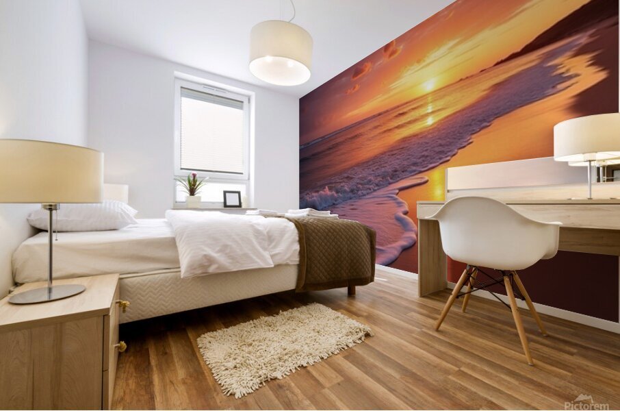 Radiant Ocean Sunset – Serene Waves and Fiery Sky Mural print
