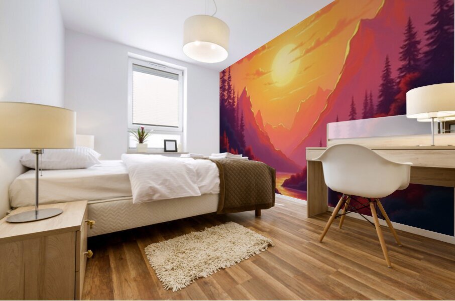 Radiant Wilderness – Sunset River in a Surreal Mountain Valley Mural print