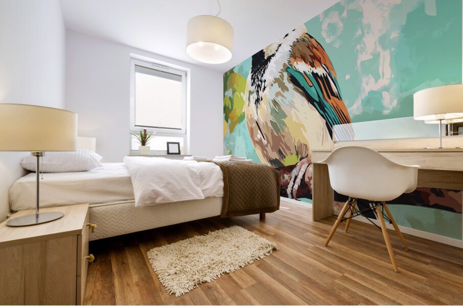 A vintage style drawing of a small sparrow sitting on a branch Mural print