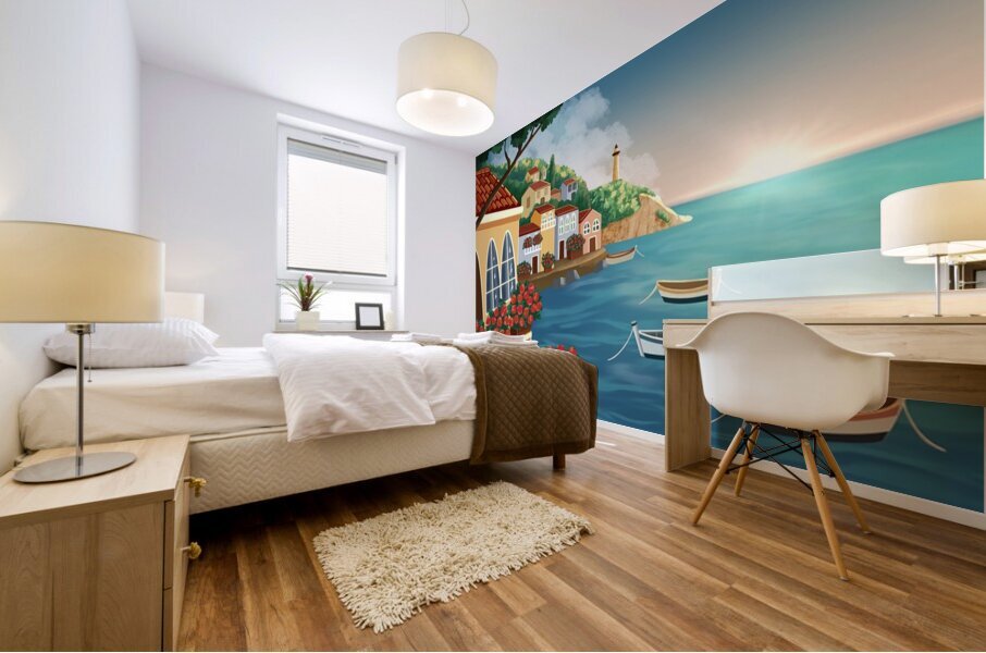 Serene Coastal Village at Sunset Mural print