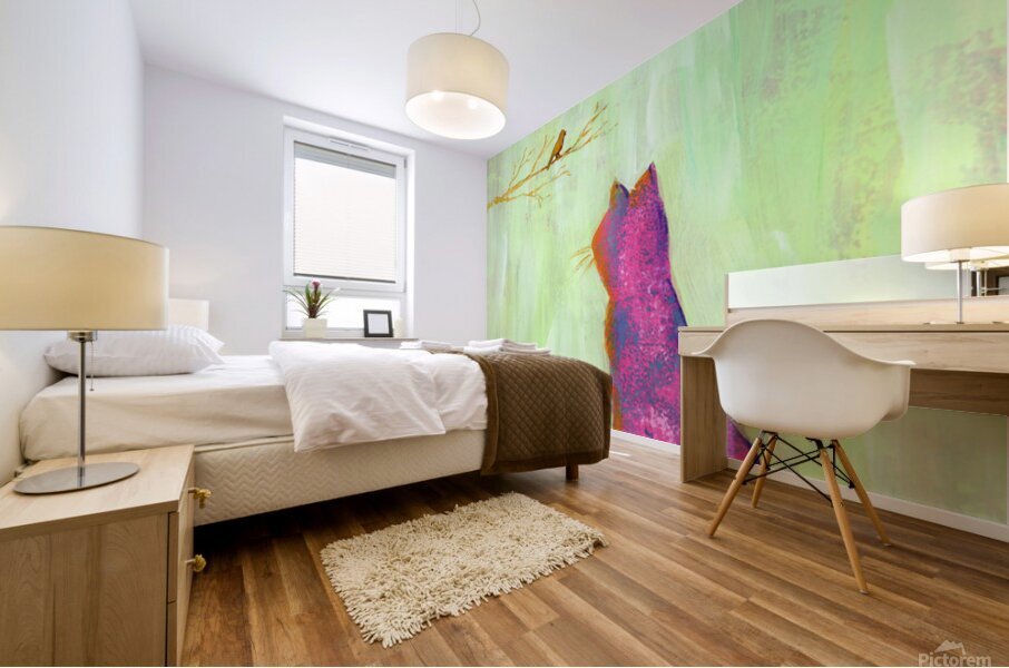 Pink cat and orange bird acrylic painting Mural print