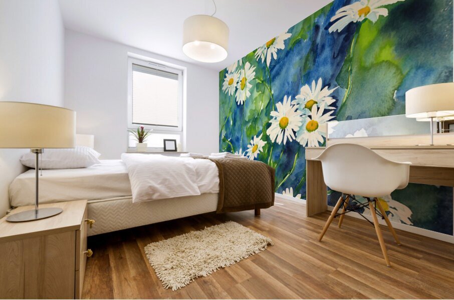 Daisies watercolor painting Mural print