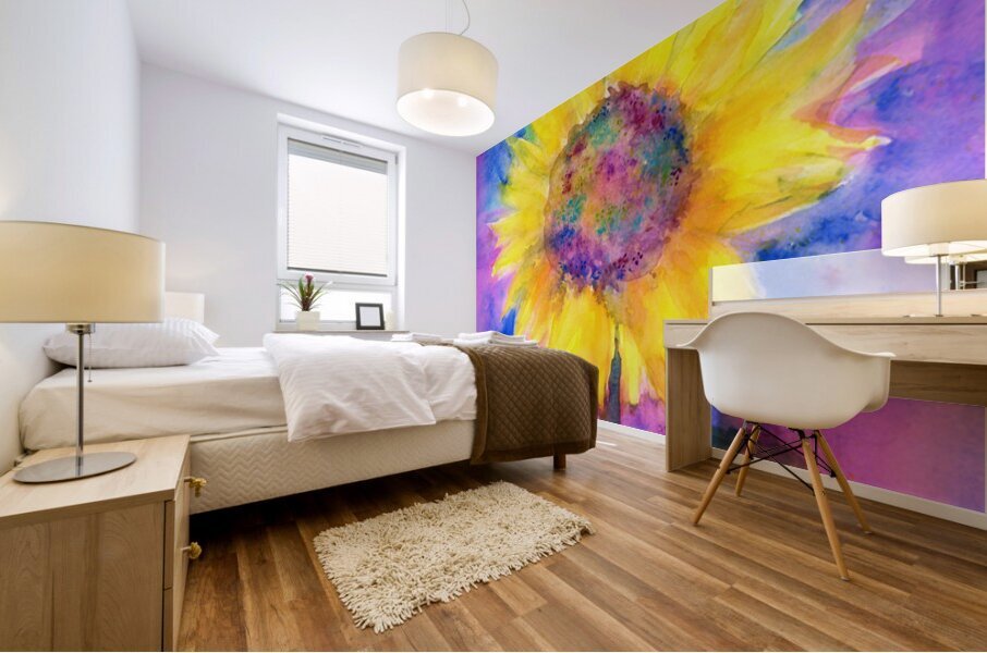 Rainbow sunflower watercolor painting Mural print