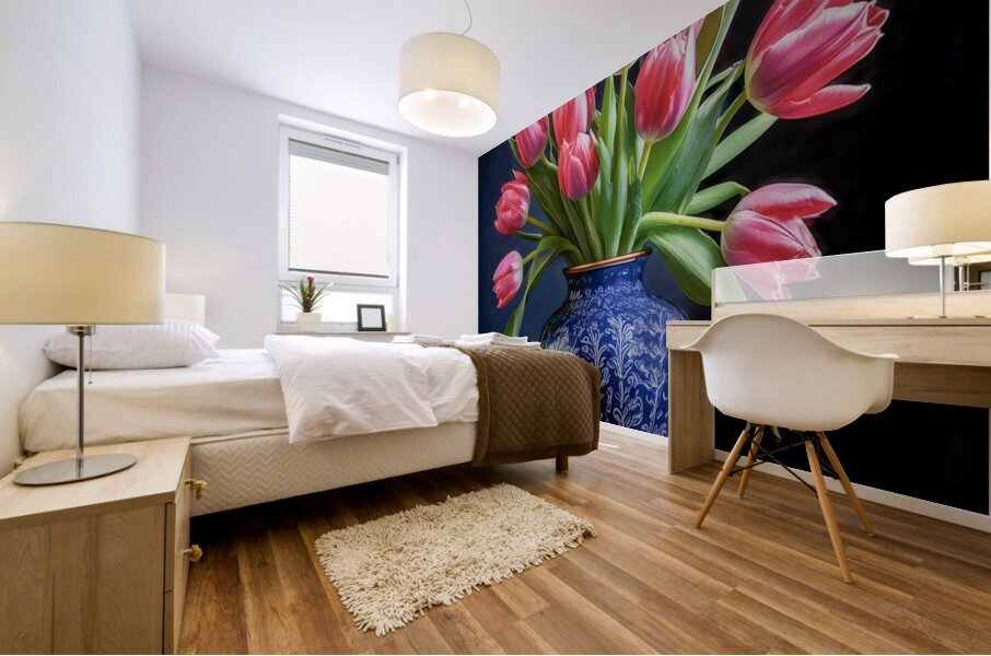 Red Tulips in Blue Mural print