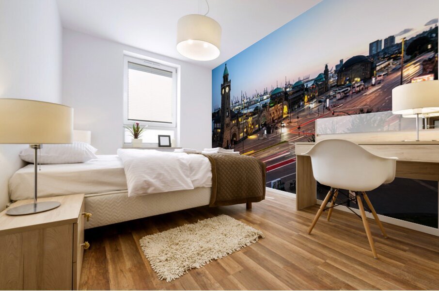 Long exposure night shot of the famous St. Pauli Landungsbrücken in Hamburg at the Elbe River Impression murale