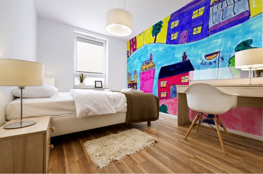 Abstract Colourful Doodle Houses Mural print