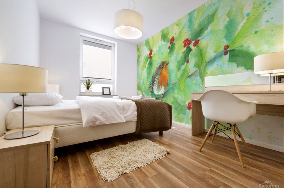 Robin in a holly bush Mural print