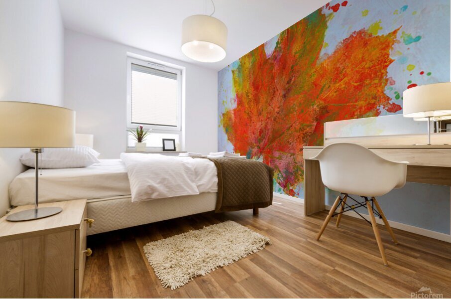 Single maple leaf in fall acrylic painting Mural print
