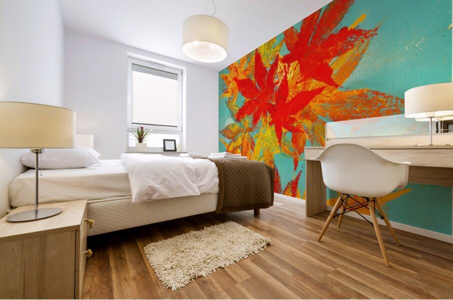 Red Japanese Maple leaves on blue acrylic painting Mural print