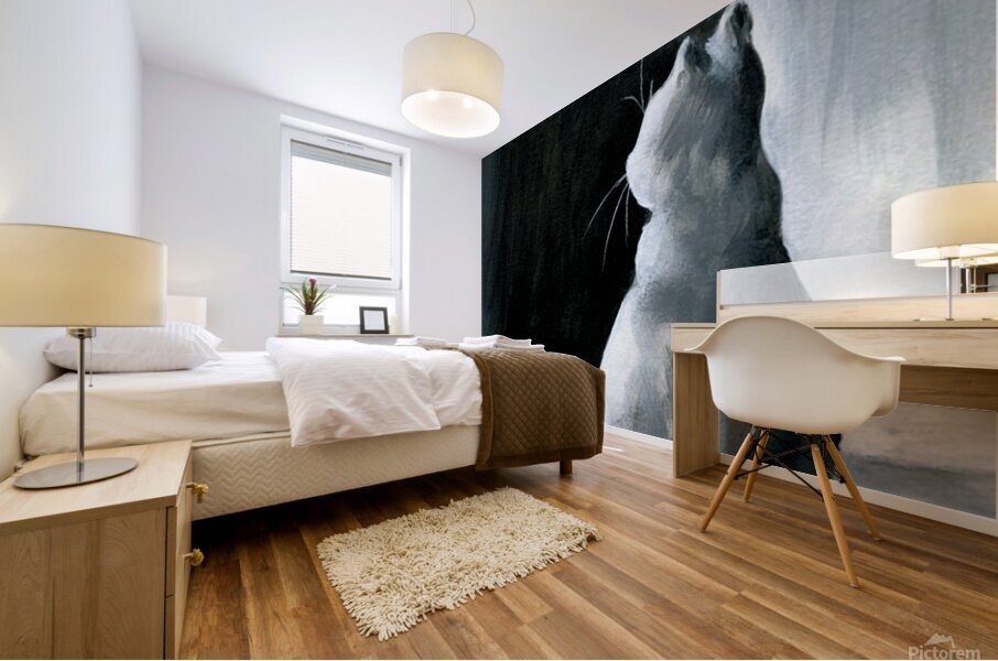 Light in the dark black and white cat acrylic painting Mural print