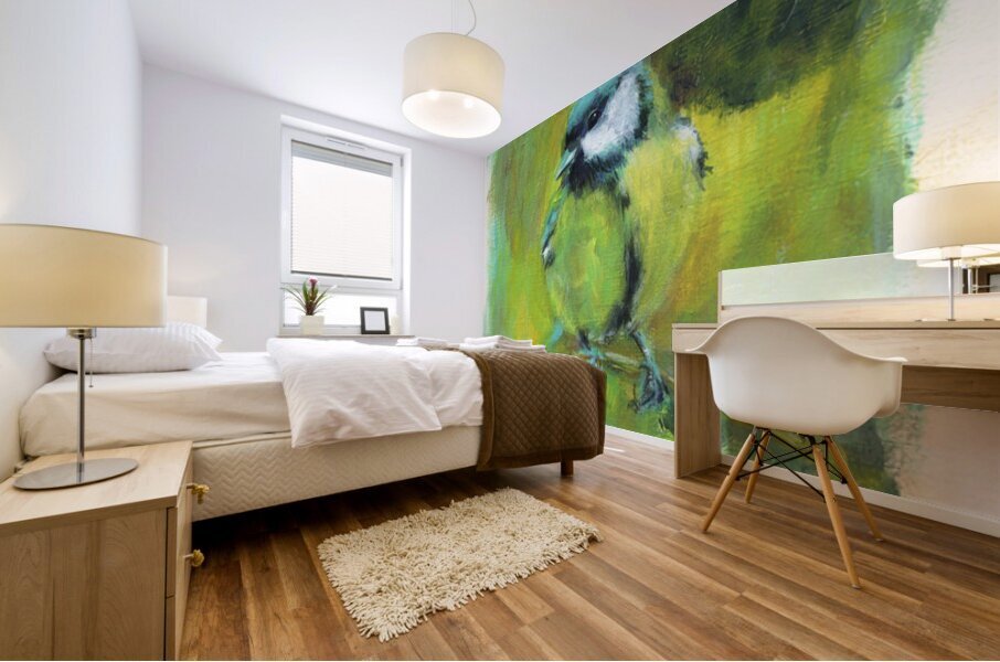 Great tit with sunflowers acrylic painting  Mural print