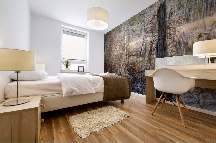 Serene Woodland Marsh Winter Berries Mural print