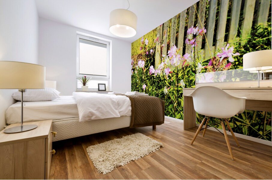Vibrant  Wildflowers  by a Rustic Fence                                                                                             Mural print