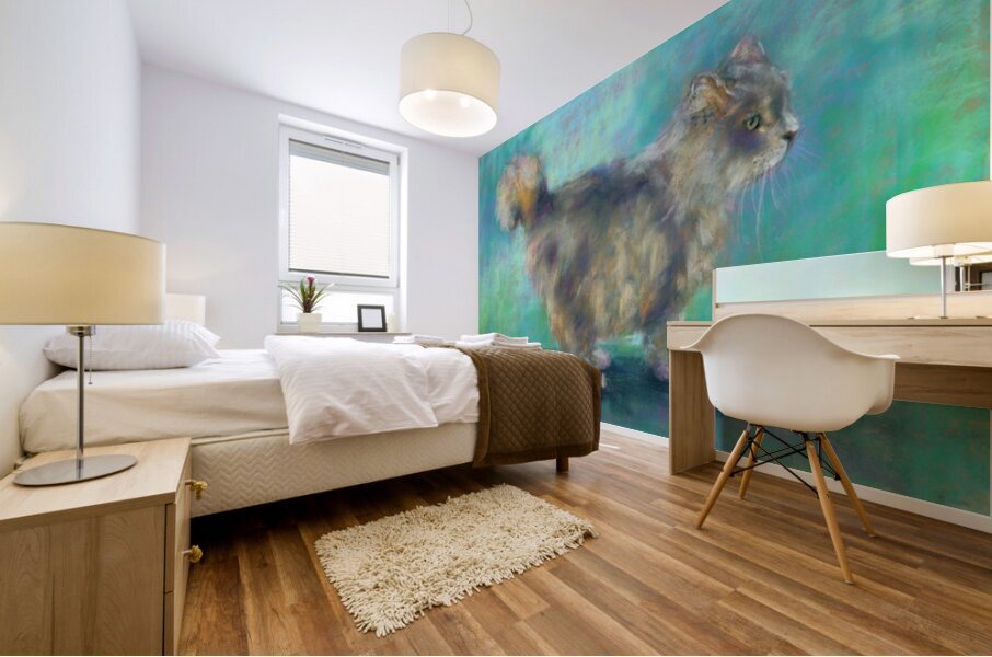 Fluffy longhair cat soft pastels painting Mural print