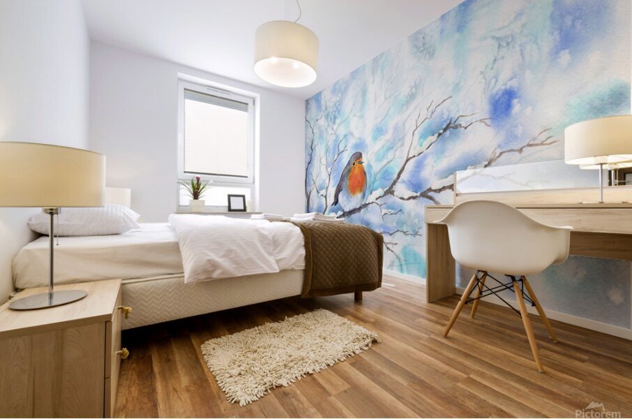 Robin in a winter landscape Mural print