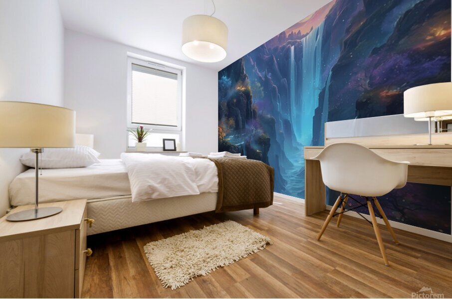 Fantasy Waterfall Landscape – Surreal Cosmic Sky and Enchanted Nature Scenery Mural print