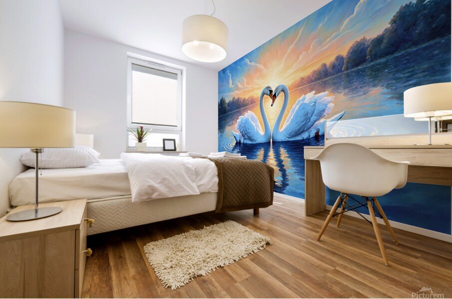 Romantic Swans at Sunset – Love on the Lake Mural print
