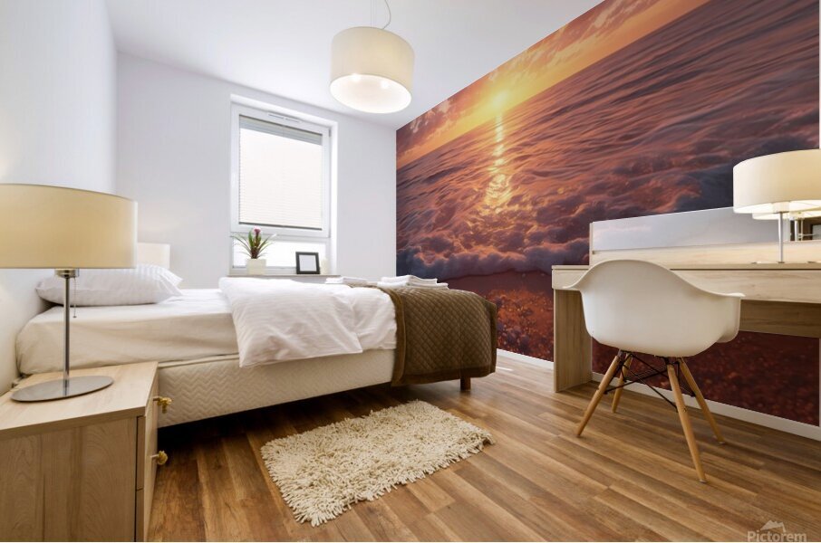 Serene Sunset Beach Scene with Seashells and Gentle Waves – Calming Ocean Wall Art Mural print