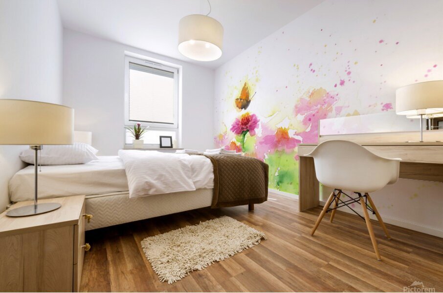 Butterfly and pink Zinnias watercolor painting Mural print