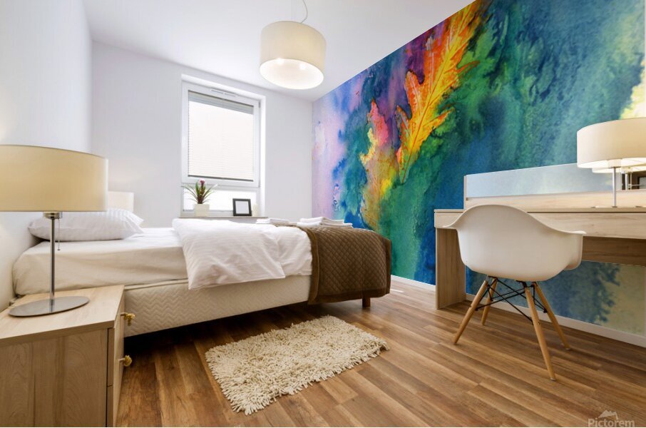 Oak leaves in autumn watercolor painting  Mural print