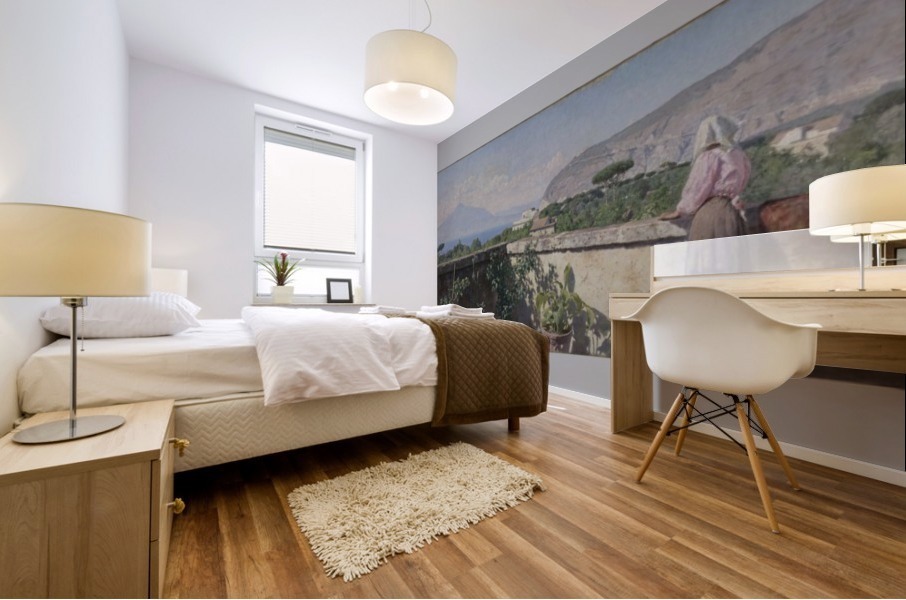 Femme sur la terrasse de l hotel Cocumella Vue sur le Vesuve Mural print