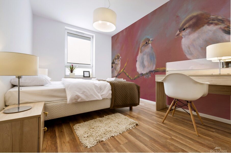 Three sparrows on a branch Mural print