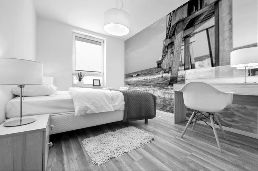 Splashing Waves Beside Gulf Shores Pier Grayscale Mural print